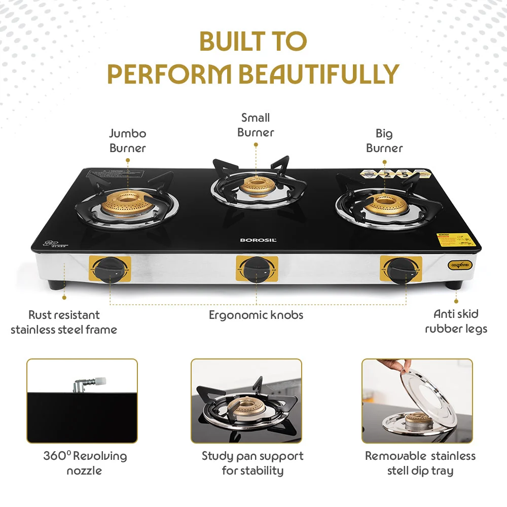 Borosil Blaze Glass Top 3 Burner Gas Stove