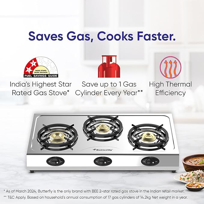 Butterfly Bolt Shakti 3 Burner Stainless Steel Gas Stove