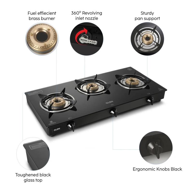 Glen 1030 3 Burner Glass Top Gas Stove