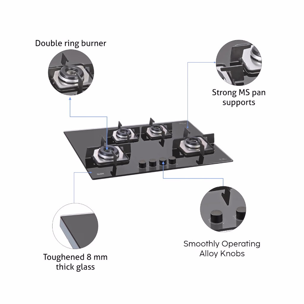 Glen 1074 SQF 4 Burner Built-in Glass Hob (Italian Double-Ring)
