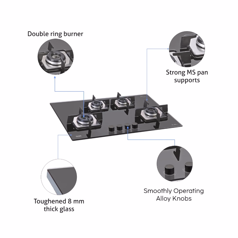 Glen 1074 SQF 4 Burner Built-in Glass Hob (Italian Double-Ring)