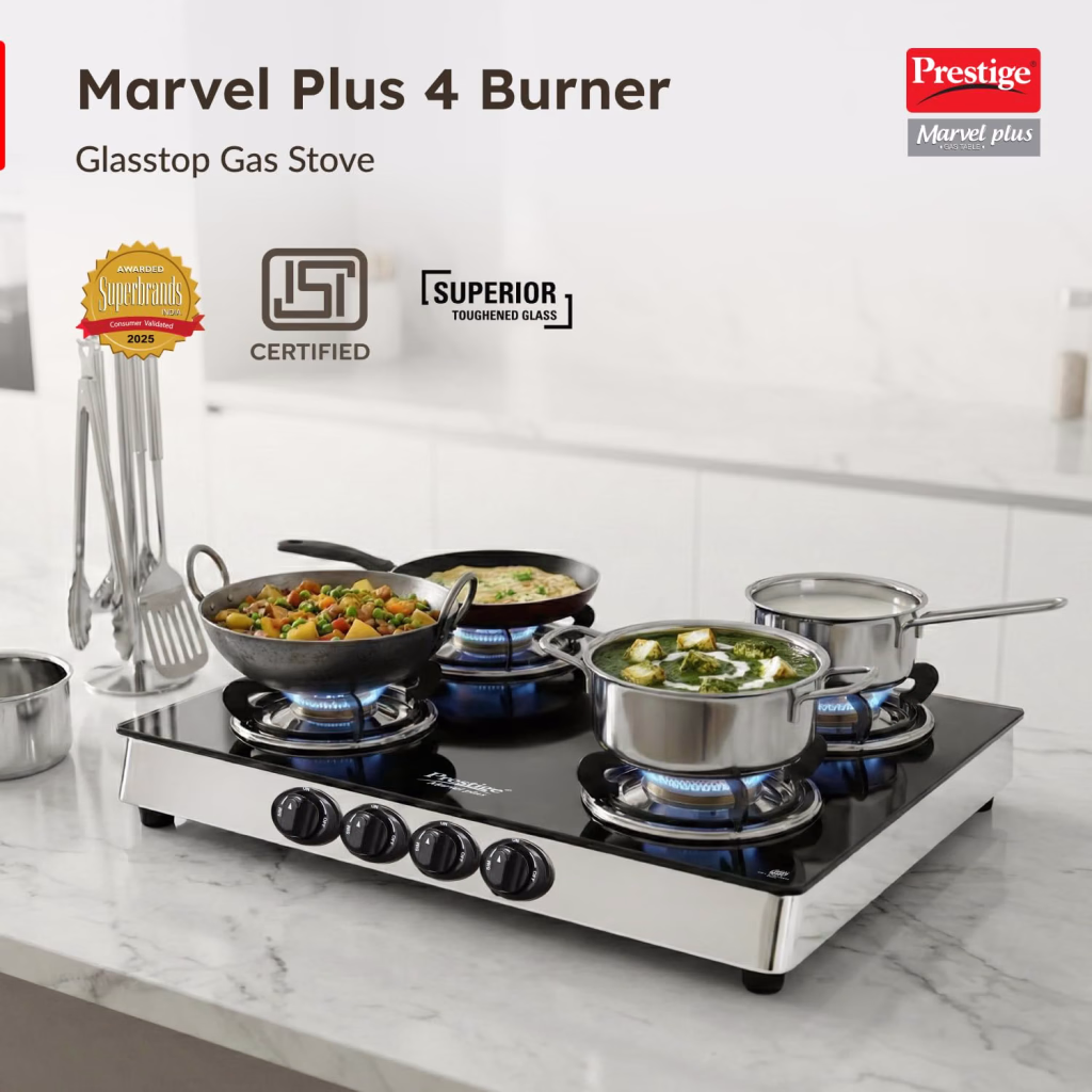 Prestige Marvel Plus GTM 04 4 Burner Glass Top Gas Stove