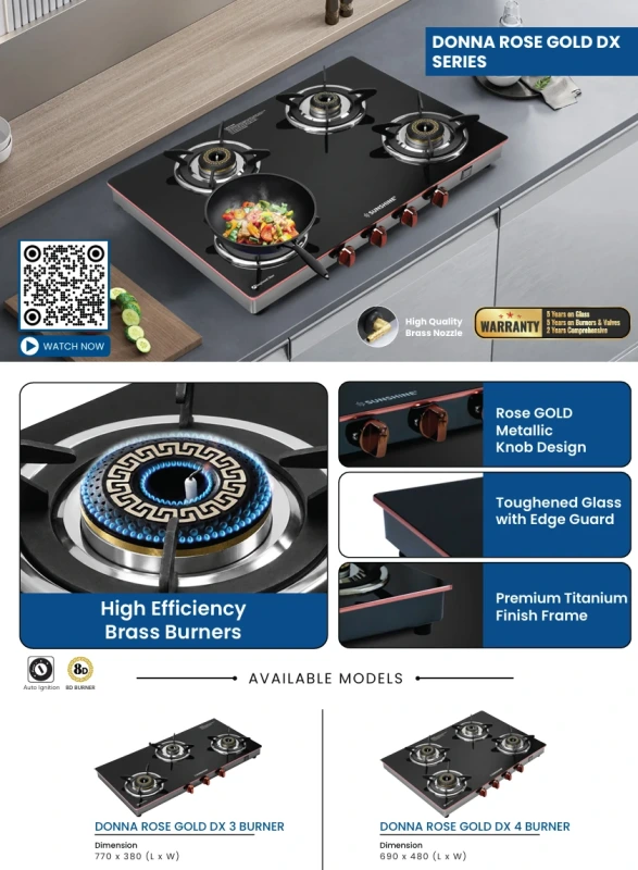 Sunshine Donna Rose Gold 4 Burner Auto-Ignition Gas Stove