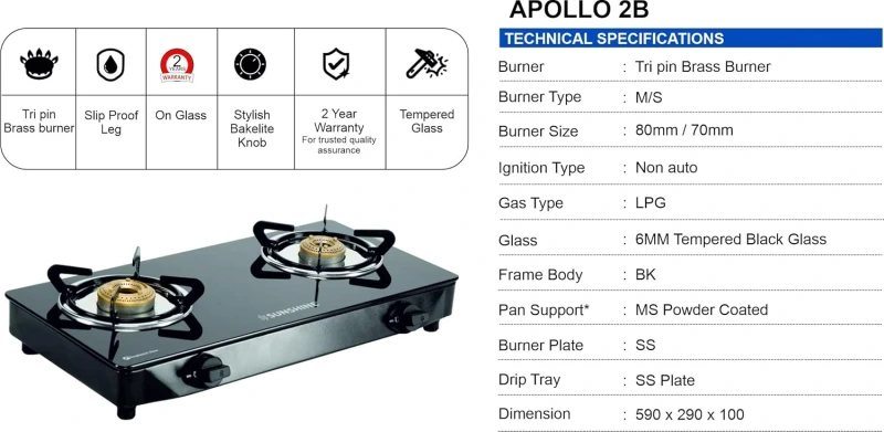 Sunshine Applo 2 Burner Glass Top Gas Stove